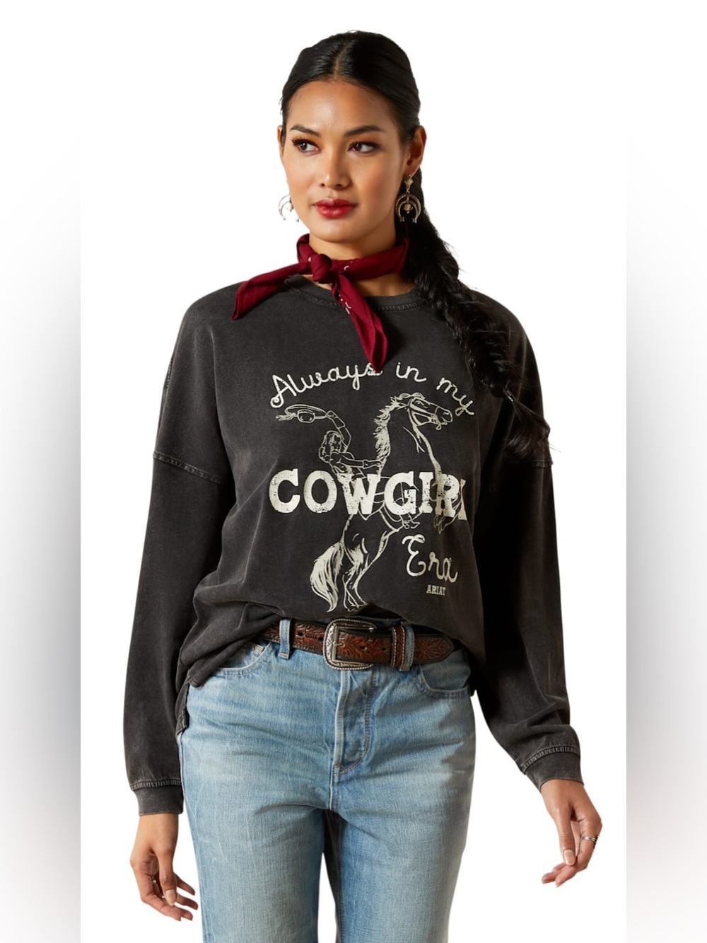 Ariat Black Mineralā Washed Cowgirl Era Long Sleeve Oversized Tee Shirt Size M